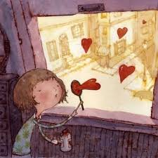 рисованная девочка выдувает сердечки в окно